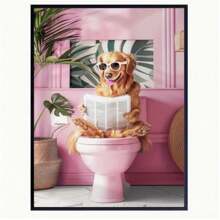 1PC Golden Retriever Reading On Toilet Canvas Print - Funny Bathroom Wall Art, Modern Retro Art Deco Dog Poster- Ink Art Medium - Animal Theme - Perfect Gift For Dog Lovers - Suitable For Living Room, Bedroom, Kitchen, Office(No Frame)