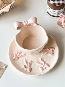 Nuevo juego de vajilla de cerámica de lujo 2024, plato y tazón, diseño en relieve elegante para uso individual, para uso diario en el hogar y suministros escolares - Rosa - Ver 2
