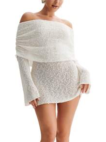 Women Bodycon Knitted Dress Boat Neck Off Shoulder Long Sleeve Casual Fuzzy Short Dress - White - View 1