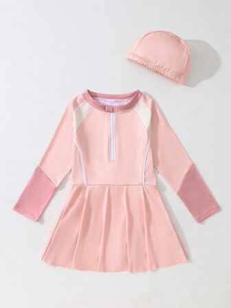 年轻女孩连体圆领长袖泳衣，夏季海滩度假水上趣味泳装