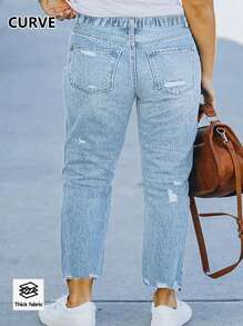 Quần jeans nữ cỡ lớn rách lưng thun, phong cách thời trang đường phố châu Âu và Mỹ, thường ngày, mùa xuân. - Rửa nhẹ - Xem 3