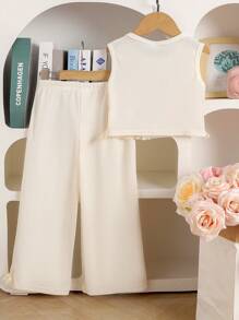 Kleine Mädchen 2 Stücke/Set Lässig 3D Blume Ärmelloses Quaste Tank Top Und Hosen Set, Sommer - Beige - Übersicht 2