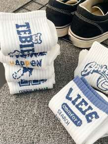 5 Pairs Men's Crew Socks With Random White, Blue, Letter & Number Graphic Prints, Fashionable, Versatile, Soft & Comfortable, Moisture-Wicking