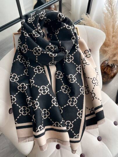1pc Minimalist Elegant Four-Leaf Clover Jacquard Faux Cashmere Warm Scarf, Versatile For Women Daily Outfit, Fashion Accessory & Air Conditioning Wrap