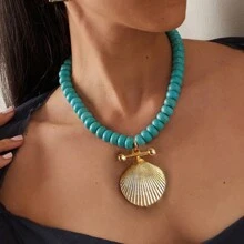 manbara 2025 Nova Joia de Estilo Punk Resistente, Colar com Pingente de Concha de Contas de Turquesa, Acessório de Colar Criativo e Luxuoso, Presente de Festa da Moda para Mulheres - Colar vitrificado - Visão 2