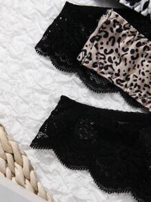 3PCS Leopard Print Sexy Cross Strap Lace Splicing Women's Panties Animal Print Low Waisted Comfortable Women's Thongs
