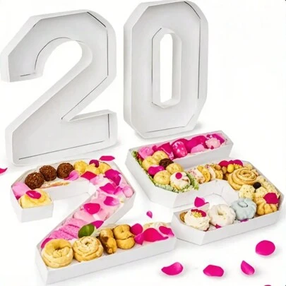 1pc 0-9 Design Photo Prop Tray, 0-9 Numeric Shape Tray, DIY Food Digit Plate, Decorative Party Cardboard Number Box, Suitable For Elderly Birthday Fruit Cookies Dessert Plate, Cake Display Stand, Graduation Ceremony, 1st Birthday, Family Gathering, Bridal Shower, Atmosphere Decor, Handmade, Halloween, Christmas, Ideal For Birthday Holiday New Year Party Table Decoration, Christmas