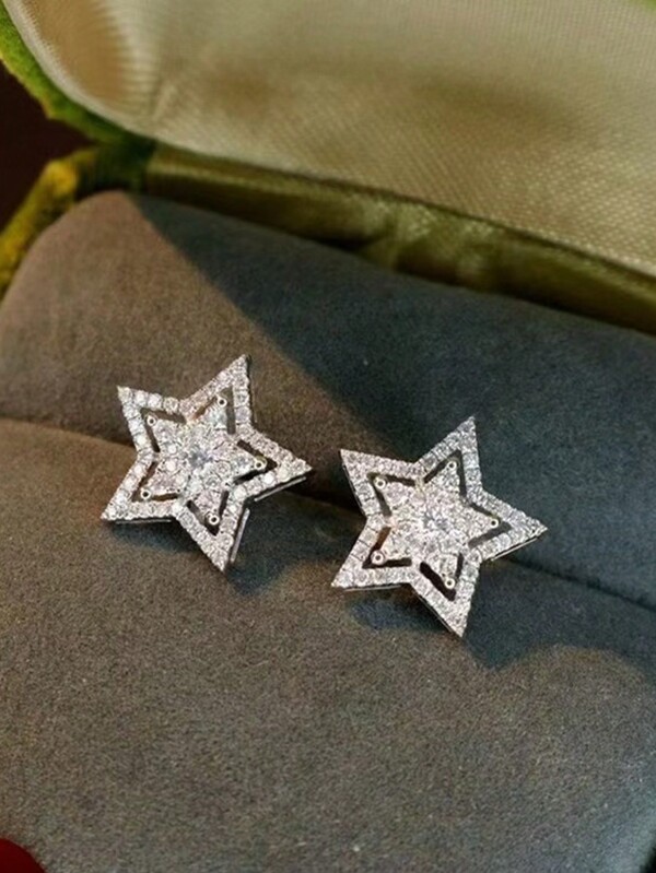 1 Pair Silver Pentagram Cubic Zirconia Decor Women Stud Earrings