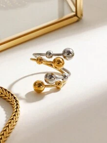 Uworld 1Pc French Hollow Asymmetrical Open Ring Line Design Personalized Creative Stainless Steel Ring 18K Gold-Plated Women's Modern Minimalist Ring Suitable For Daily Wear HHoliday Party Festival Etc. - Metal Ball Design - View 4