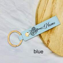 LICVIC 1pc Custom Birth Flower Leather Keychain, Personalized Engraving Name Keychain, With Key Rings Rivets, 8.5cm/3.34in, 4 Colors Green/White/Pink/Blue - Style a - View 10