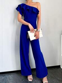 Fashion Spring Summer Vacation One Shoulder Ruffle Wide Leg Women's Jumpsuit - Royal Blue - View 4