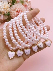 1 Set Of Multiple Pink Heart Shaped Faux Pearl Bracelets, Holiday Gifts For Valentine's Day