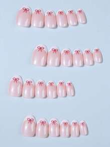 24片装短款椭圆形可爱蝴蝶结金属光泽亮白法式尖头亚克力美甲贴片套装，包含1片果冻胶和1个指甲锉，非常适合情人节和法式美甲，适合女性和女孩日常佩戴和参加舞会