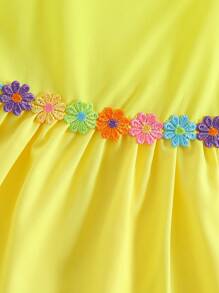 2025热销女童连衣裙，新款夏季可爱甜美花卉刺绣装饰黄色无袖吊带连衣裙 - 黃色 - 查看 6