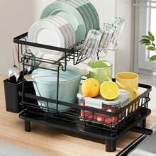 2 Tier Dish Bowl Drainer Storage Rack Kitchen Dish Drying Rack With Drain Basket Countertop Dinnerware Organizer Drainboard 2025 - Black - View 3