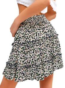 Women's Ruffle Floral Short Skirt High Waist A-Line Tie-Up Pleated Skirts For Summer - Navy Blue - View 3