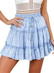 Summer Bohemian Light Blue Floral Print A-Line Tiered Mini Skirt For Women, Elastic Drawstring Waist Ruffle Flowy Casual Skirts For Women - 淺藍色 - 查看 2