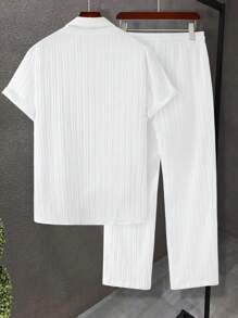 Men's Summer Casual Set, Casual Short Sleeve Striped Button-Down Shirt & Elastic Waist Trousers - Blanco - Ver 2