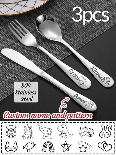 LICVIC 1-3pcs Custom Name Engraving 304 Stainless Steel Cutlery Set, Personalized Kids Name/Pattern Tableware Set,Customized Travel Cutlery Set,Customizable Portable Tableware Three Pieces Set,Forks/Knives/Spoons Flatware,12 Pattern Styles,6 Font Styles,Suitable For Birthday Gifts,Anniversary,Children'S Day,Suitable For Kids,Friends,Family,Living Room,Dining Room,Multi-Functional,Ornamental,Letter,Stylish,Modern,Colorful,Cute,Adorable,Casual,Custom,Personalised,Unique,Customized,Ideal Gifts For Him,Ideal Gifts For Her, Son, Daughter