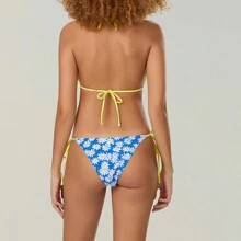 Women's Summer Bikini Set Mini Dot Print Lace Trim Halter Bra With Tie-Up Thong Swimsuit Bathing Suit - 淺藍色 - 查看 4