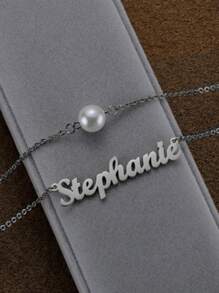 1pc DIY Customized Double Layer Pearl Hollow English Letter Stainless Steel Pendant Necklace Cross Border New Women's Jewelry Customizable Name Simple Daily Style, Products Including Gift Box, Valentine's Day Gift, Birthday Gift, Mother's Day Gift, Daily Gift