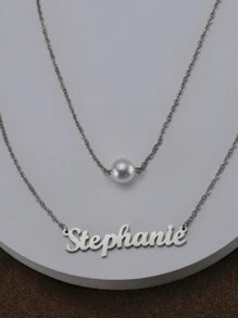 1pc DIY Customized Double Layer Pearl Hollow English Letter Stainless Steel Pendant Necklace Cross Border New Women's Jewelry Customizable Name Simple Daily Style, Products Including Gift Box, Valentine's Day Gift, Birthday Gift, Mother's Day Gift, Daily Gift