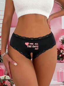 Women's Black Sexy Lace Trim Letter & Heart Print Breathable Stretchy Thin Hollow Out Briefs