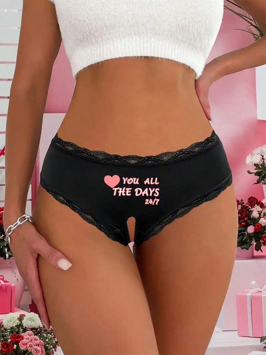 Women's Black Sexy Lace Trim Letter & Heart Print Breathable Stretchy Thin Hollow Out Briefs
