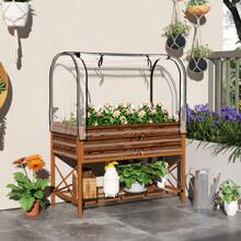 Outsunny Raised Garden Bed With Cover And Storage Shelf, Rectangular Metal Elevated Planter Box With Legs And Bed Liner - Dark Brown - View 2