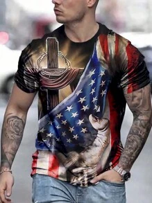 男士美国国旗印花圆领短袖休闲 T 恤，夏季 - 彩色 - 查看 4