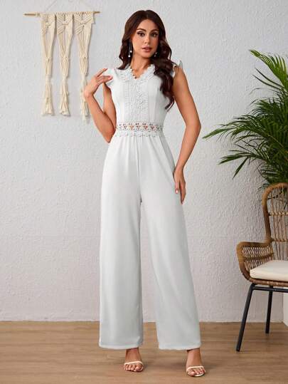 Elegante Mono Liso De Pierna Ancha Para Mujeres,Mono Unicolor De Hueco Y Empalme De Encaje,Mono Sin Mangas Con Volantes Para Primavera y Verano