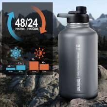 OneTigris Tactical Half Gallon Water Bottle With Straw - 64 Oz Vacuum Insulated Stainless Steel Water Jug, Leakproof Sport Bottle With 3 Lids, Paracord Handle & MOLLE Water Pouch For Outdoor - 灰色 - 查看 4