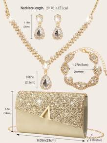 四件套水钻首饰套装，包括闪亮项链、耳环和手链，适合婚礼、晚宴、派对等场合，也可作手拿包、晚宴包、信封包、新娘包、正式钱包使用。新款婚礼新娘包、舞会礼服包，适合各种派对场合。 - 金色 - 查看 13