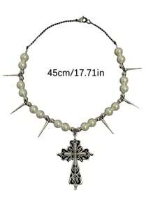 1pc Gothic Cross Spiked Pearl Necklace, Metal Accessories For Daily Outfit And Party