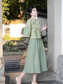 春季优雅中国风纯色编织松紧腰口袋绿色1件裙子适合中国新年、日常、街头、通勤、家居等场合穿中式连衣裙汉服下装 - 淺綠 - 查看 8