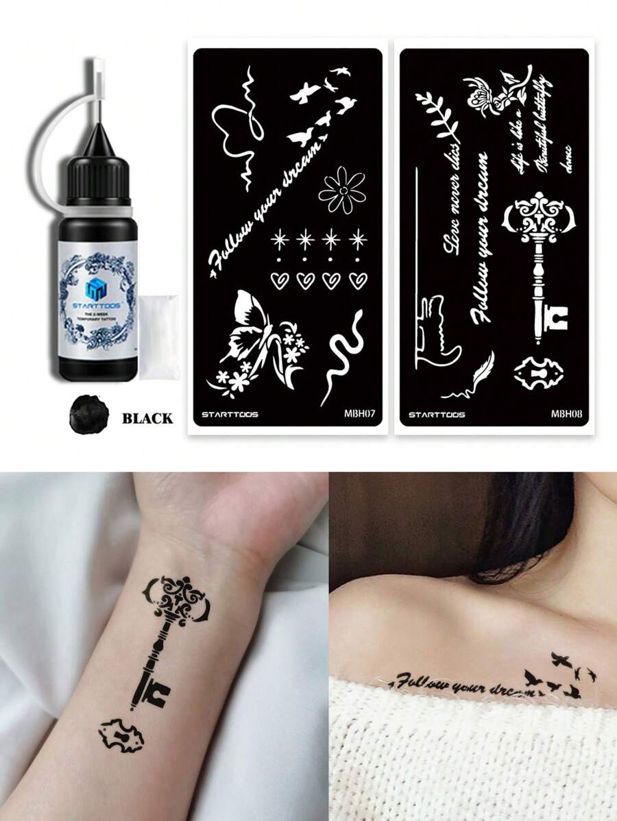 2 件空心纹身模板 + 1 瓶黑色纹身墨水套装,蝴蝶花卉羽毛文字图案,适用于手指、手腕和身体,临时防水假纹身模板,男女皆宜 - 黑色 - 查看 1