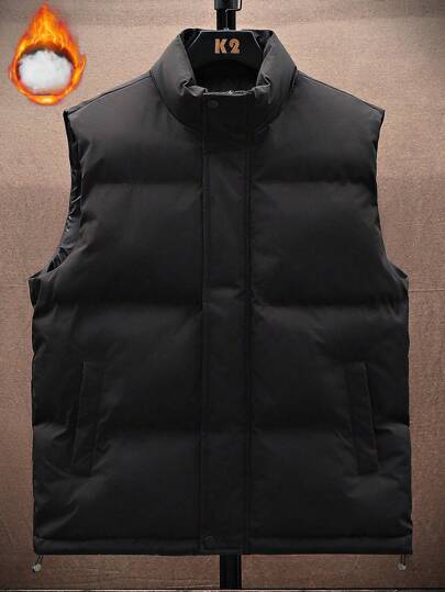 Men's Solid Color Casual Padded Vest Jacket, For Fall Winter