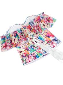 Women's Chiffon Printed Shaping Open Shoulder Blouse With Ruffle Sleeves - Multicolor - View 5