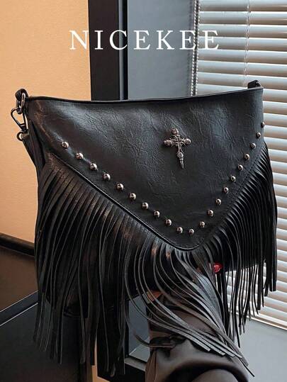 Hot Style Tassel Bag, And Fashionable Shoulder Bag, High-End Atmospheric Work Casual Crossbody Bag, European And American Retro Rivet Tassel Bag, Soft Leather Casual And Versatile Shoulder Bag