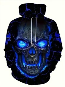Men's 3D Skeleton Print Hoodie - Casual Pullover With Drawstring & Pockets, Polyester Knit Fabric, Regular Fit For Fall/Winter - Blue - View 3