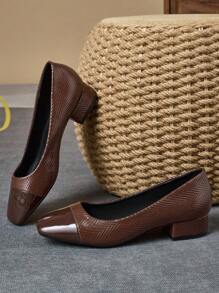 Bombas con tacón de bloque, puntera cuadrada, textura de piedra y sin cordones, estilo de parchwork, para mujer, adecuadas para vacaciones, viajes, al aire libre, casual, vintage, verde, de alta gama - Marrón Chocolate - Ver 6