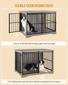 HEXCELEN XL Large Dog Crate Furniture, Dog Cage, 44.1" Indoor Dog Kennel Furniture With Barn Door, Wooden Tall Dog Crate, Heavy Duty Dog Cage For Large Dogs, Side End Table, Anti-Chew,Greige Black - 灰色 - 查看 2