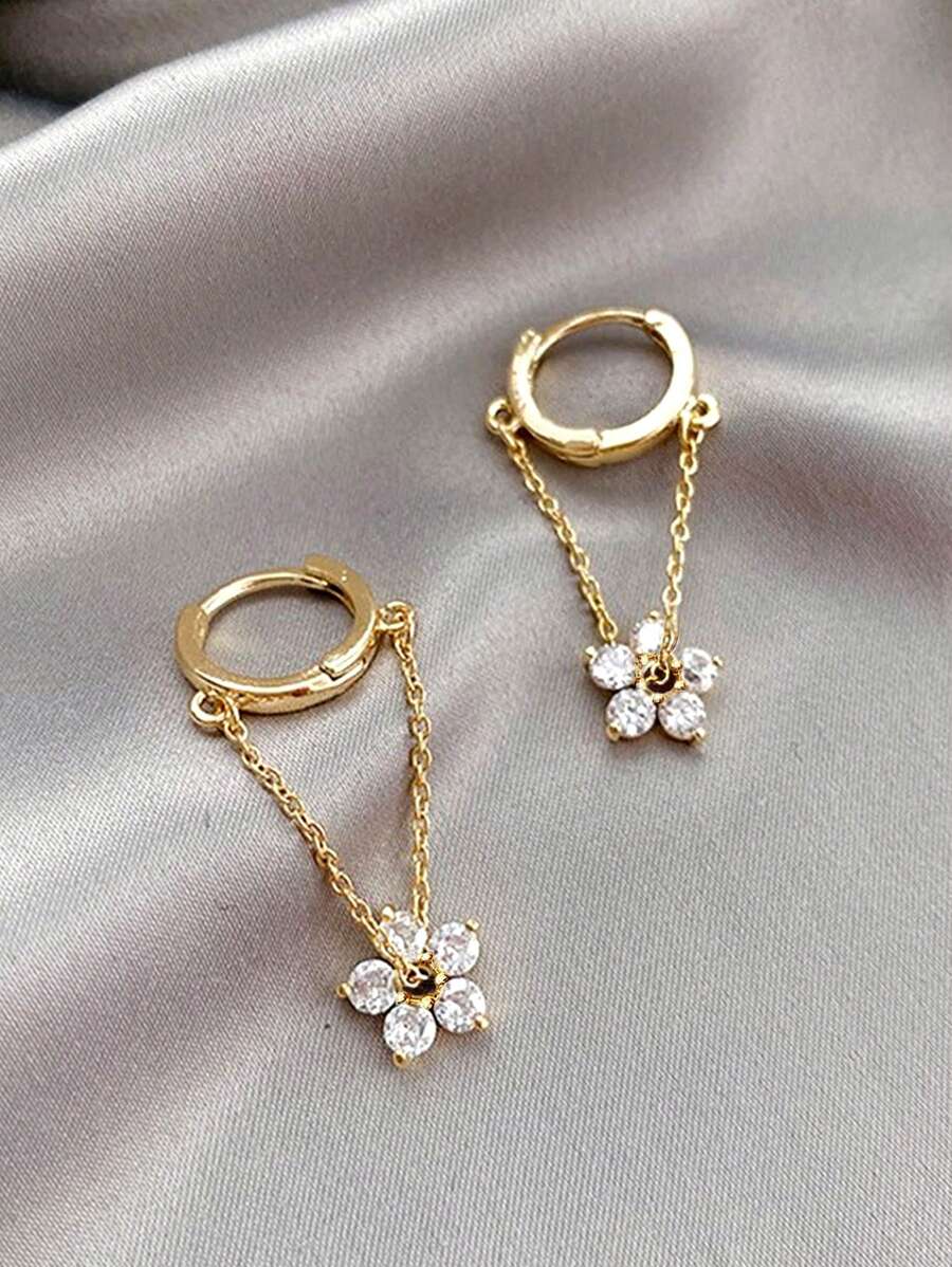 1pair Delicate, Fashionable, Sweet, Simple Flower Shaped Chain Earrings Valentines - Yellow Gold - View 1
