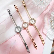 复古时尚休闲珠宝珍珠手链手表，女士情人节、母亲节礼物，合金表壳 - 均碼-十二鑽表面 - 查看 9