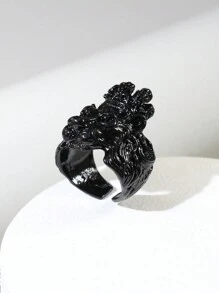 1枚黑色凶猛狮/狼头合金戒指，男女皆宜的复古羽毛开口戒指，适合派对和日常佩戴 - 黑色 - 查看 3