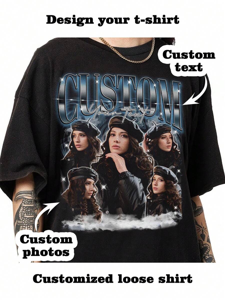 Personalizowana koszulka ze zdjęciem, personalizowana damska koszulka w stylu bootleg hip-hop, prezent na Święto Dziękczynienia, Boże Narodzenie, personalizowana koszulka damska - dodaj własny tekst i obrazy (zdjęcie rodzinne/selfie/zdjęcie zwierzaka/zdjęcie znajomego), aby zaprojektować własną spersonalizowaną koszulkę z nadrukiem, wygoda, odzież damska, personalizowane bluzki damskie - Czarne - Zobacz 1