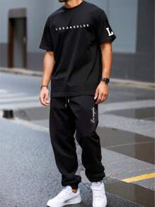 Men's Casual Los Angeles English Text Print Short Sleeve T-Shirt And Long Pants Set - Black - View 1
