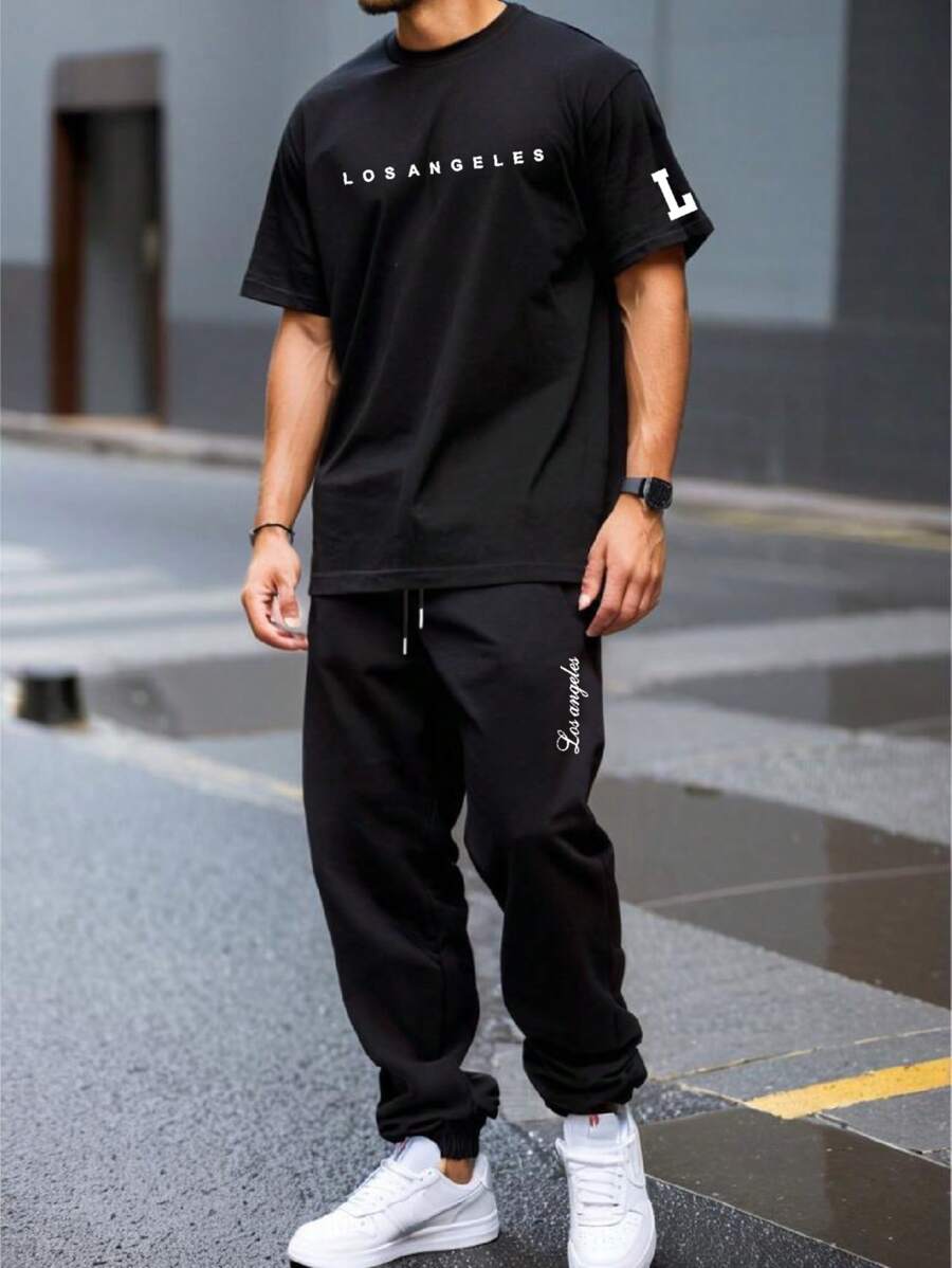 Men's Casual Los Angeles English Text Print Short Sleeve T-Shirt And Long Pants Set - Black - View 1