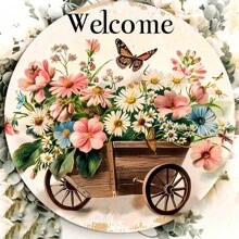 1 Peça Placa de Boas-Vindas Redonda de Madeira de 8 Polegadas com Design Floral e de Borboleta, Decoração de Parede Vintage. Adequado para Varanda, Casa, Entrada, Ótimo Presente para Decoração de Quarto de Amigos, Decoração de Jardim, Decoração de Casamento, Decoração de Casa
