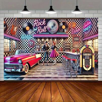 1pc Retro Rock Cafe Polyester Backdrop, Vintage Party Banner, Multipurpose Room Decor For Home, Garden, Studio And Outdoor Celebrations, Fade-Resistant Studio Background